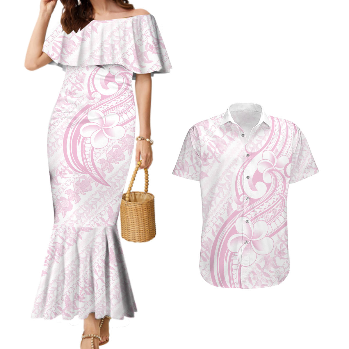 Hawaii Plumeria Lokelani Pikake Lei Couples Matching Mermaid Dress and Hawaiian Shirt Poni Mama Polynesian Tattoo