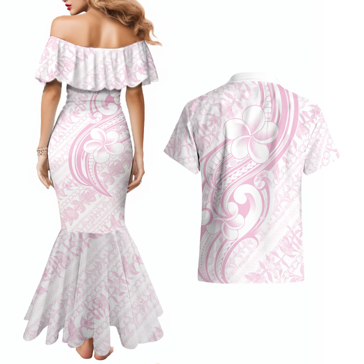 Hawaii Plumeria Lokelani Pikake Lei Couples Matching Mermaid Dress and Hawaiian Shirt Poni Mama Polynesian Tattoo LT9 - Polynesian Pride