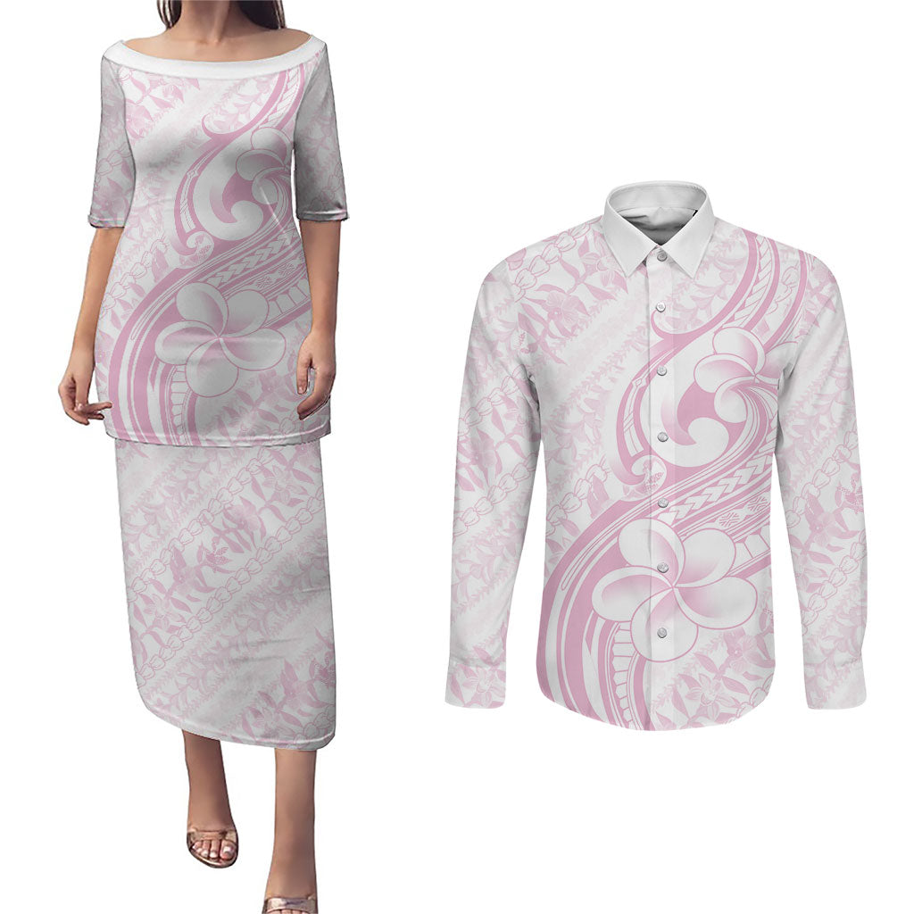Hawaii Plumeria Lokelani Pikake Lei Couples Matching Puletasi and Long Sleeve Button Shirt Poni Mama Polynesian Tattoo LT9 Pink - Polynesian Pride