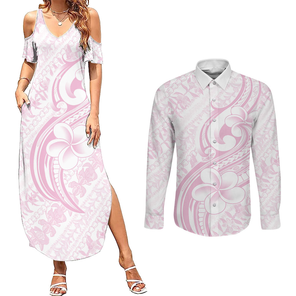 Hawaii Plumeria Lokelani Pikake Lei Couples Matching Summer Maxi Dress and Long Sleeve Button Shirt Poni Mama Polynesian Tattoo LT9 Pink - Polynesian Pride