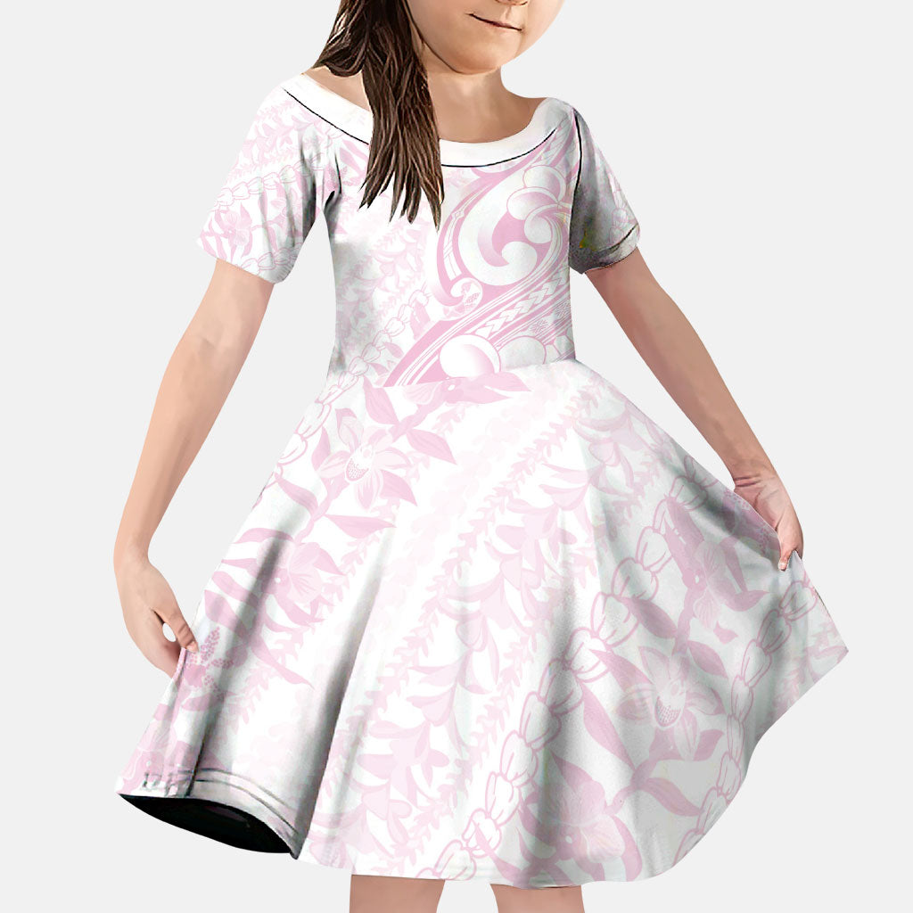 Hawaii Plumeria Lokelani Pikake Lei Family Matching Mermaid Dress and Hawaiian Shirt Poni Mama Polynesian Tattoo LT9 Daughter's Dress Pink - Polynesian Pride