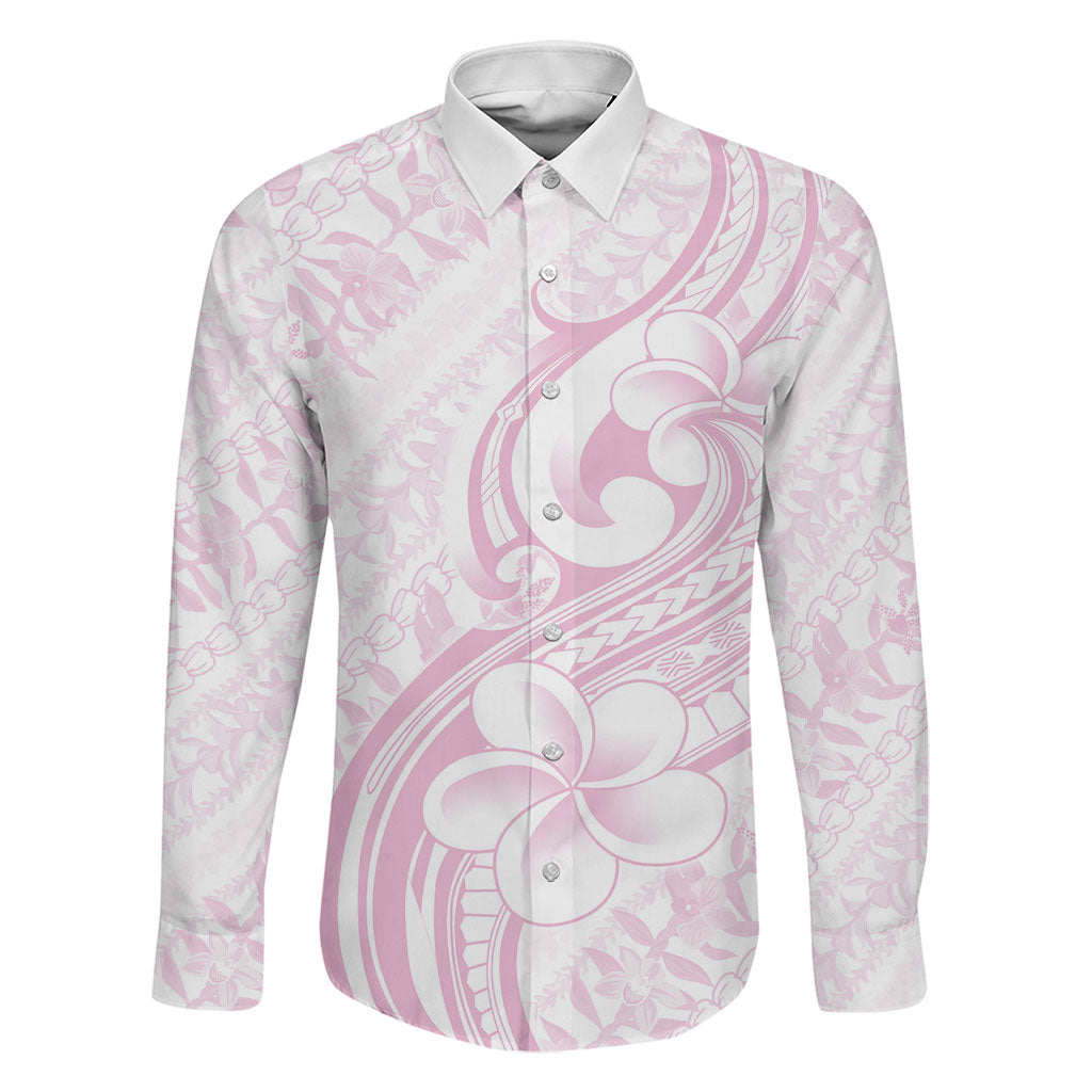 Hawaii Plumeria Lokelani Pikake Lei Family Matching Puletasi and Hawaiian Shirt Poni Mama Polynesian Tattoo LT9 Dad's Shirt - Long Sleeve Pink - Polynesian Pride