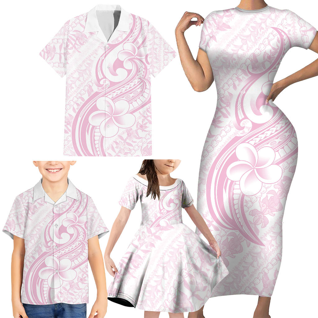 Hawaii Plumeria Lokelani Pikake Lei Family Matching Short Sleeve Bodycon Dress and Hawaiian Shirt Poni Mama Polynesian Tattoo