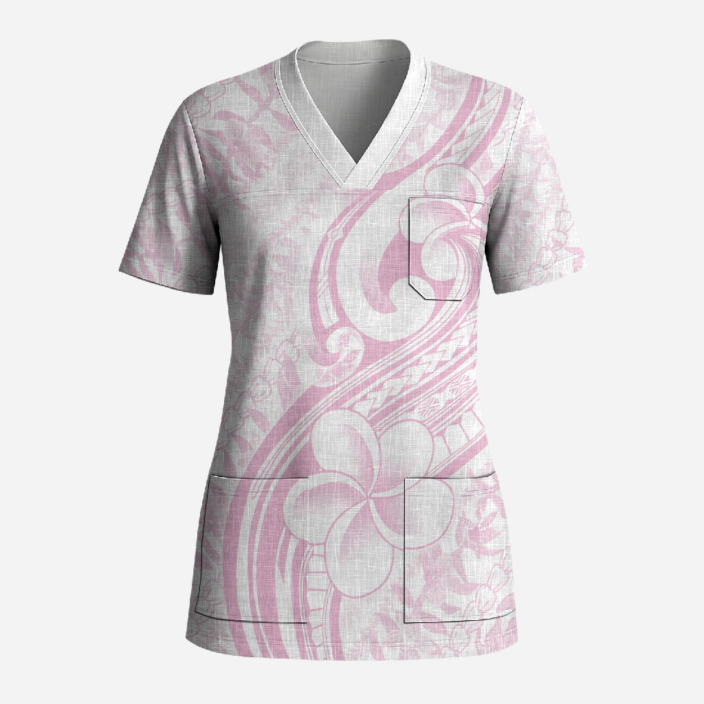 Hawaii Plumeria Lokelani Pikake Lei Scrub Top Poni Mama Polynesian Tattoo LT9 Adult Pink - Polynesian Pride