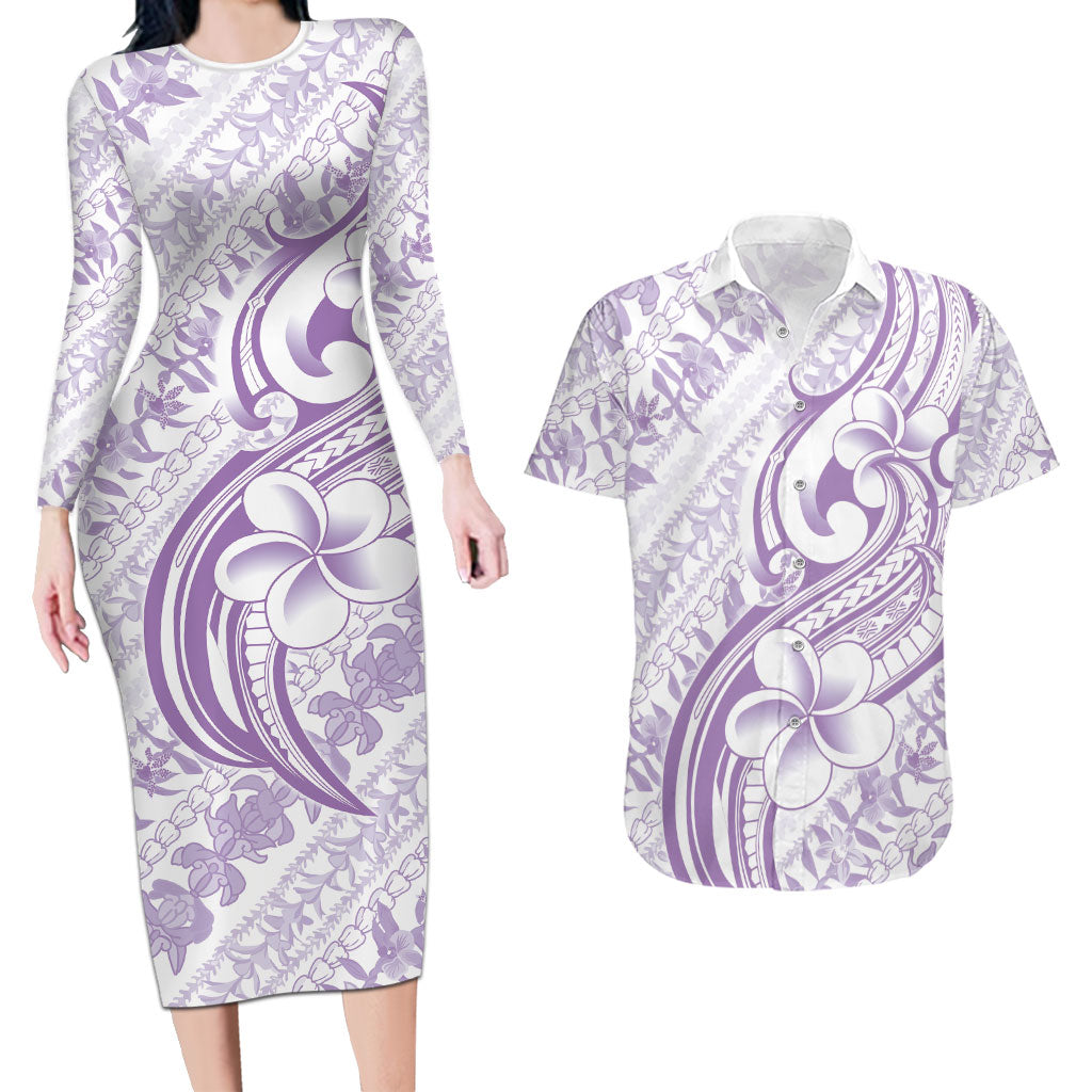 Hawaii Plumeria Lokelani Pikake Lei Couples Matching Long Sleeve Bodycon Dress and Hawaiian Shirt Poni Polynesian Tattoo