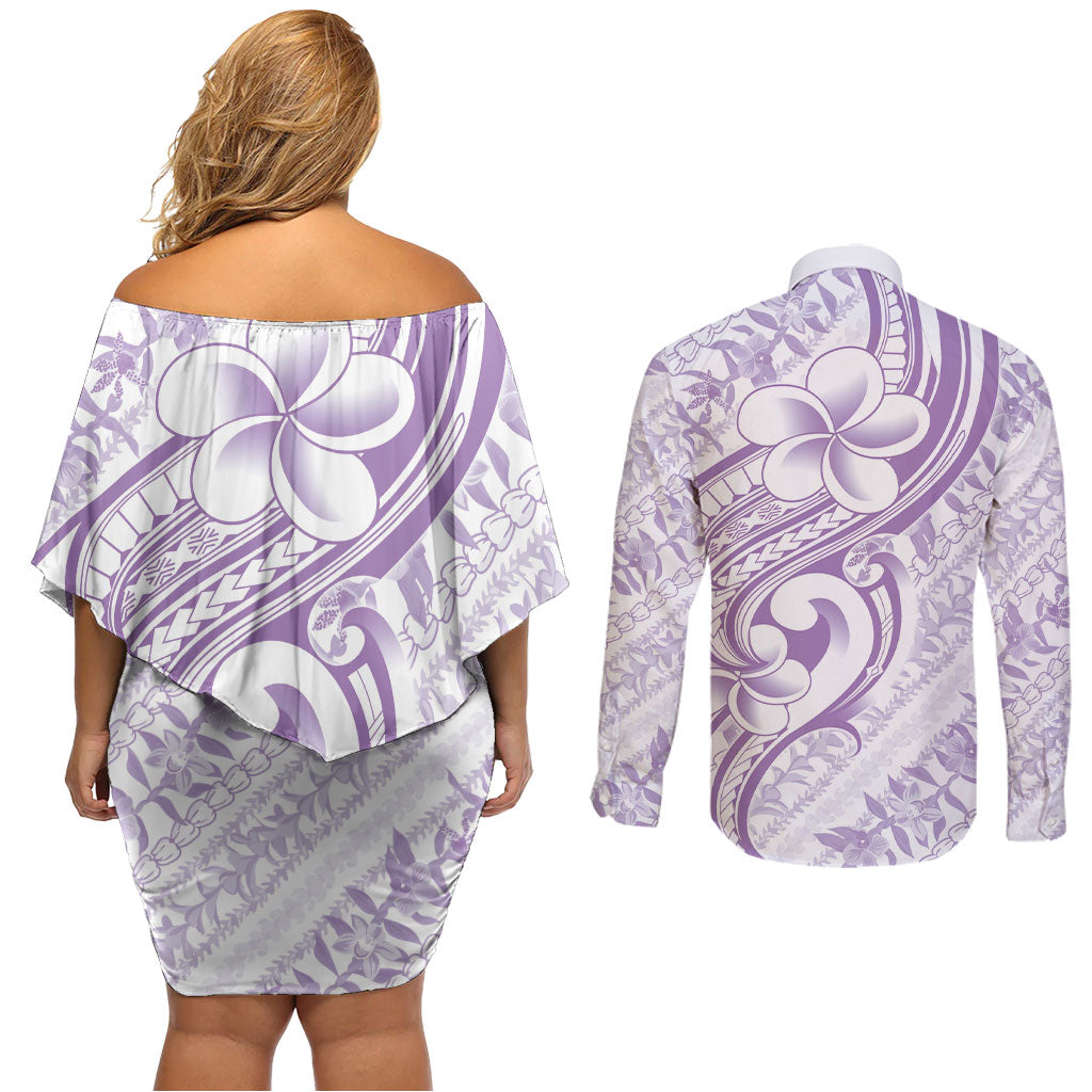 Hawaii Plumeria Lokelani Pikake Lei Couples Matching Off Shoulder Short Dress and Long Sleeve Button Shirt Poni Polynesian Tattoo LT9 - Polynesian Pride