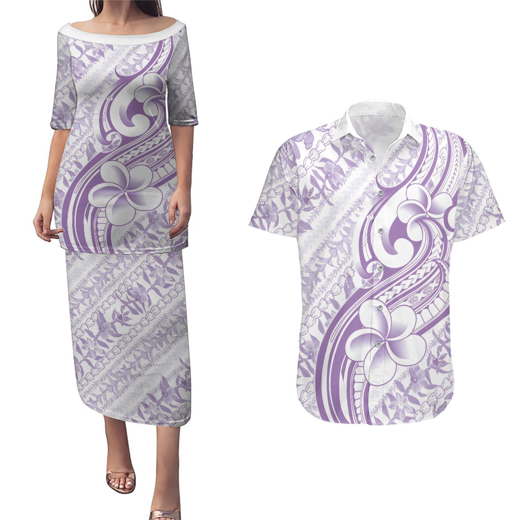 Hawaii Plumeria Lokelani Pikake Lei Couples Matching Puletasi and Hawaiian Shirt Poni Polynesian Tattoo LT9 Purple - Polynesian Pride