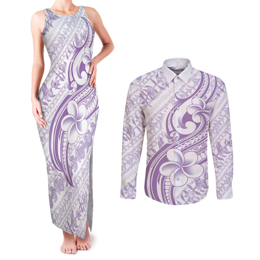 Hawaii Plumeria Lokelani Pikake Lei Couples Matching Tank Maxi Dress and Long Sleeve Button Shirt Poni Polynesian Tattoo LT9 Purple - Polynesian Pride