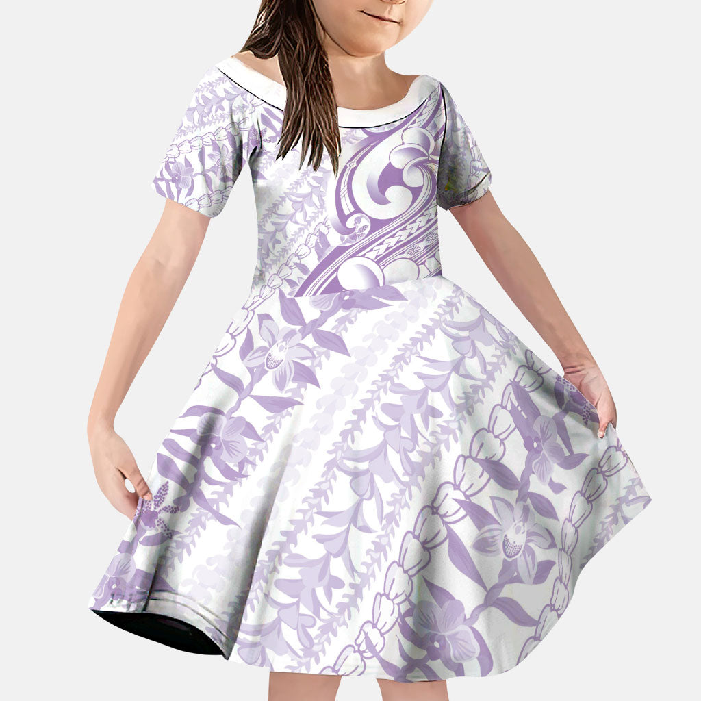 Hawaii Plumeria Lokelani Pikake Lei Family Matching Puletasi and Hawaiian Shirt Poni Polynesian Tattoo LT9 Daughter's Dress Purple - Polynesian Pride