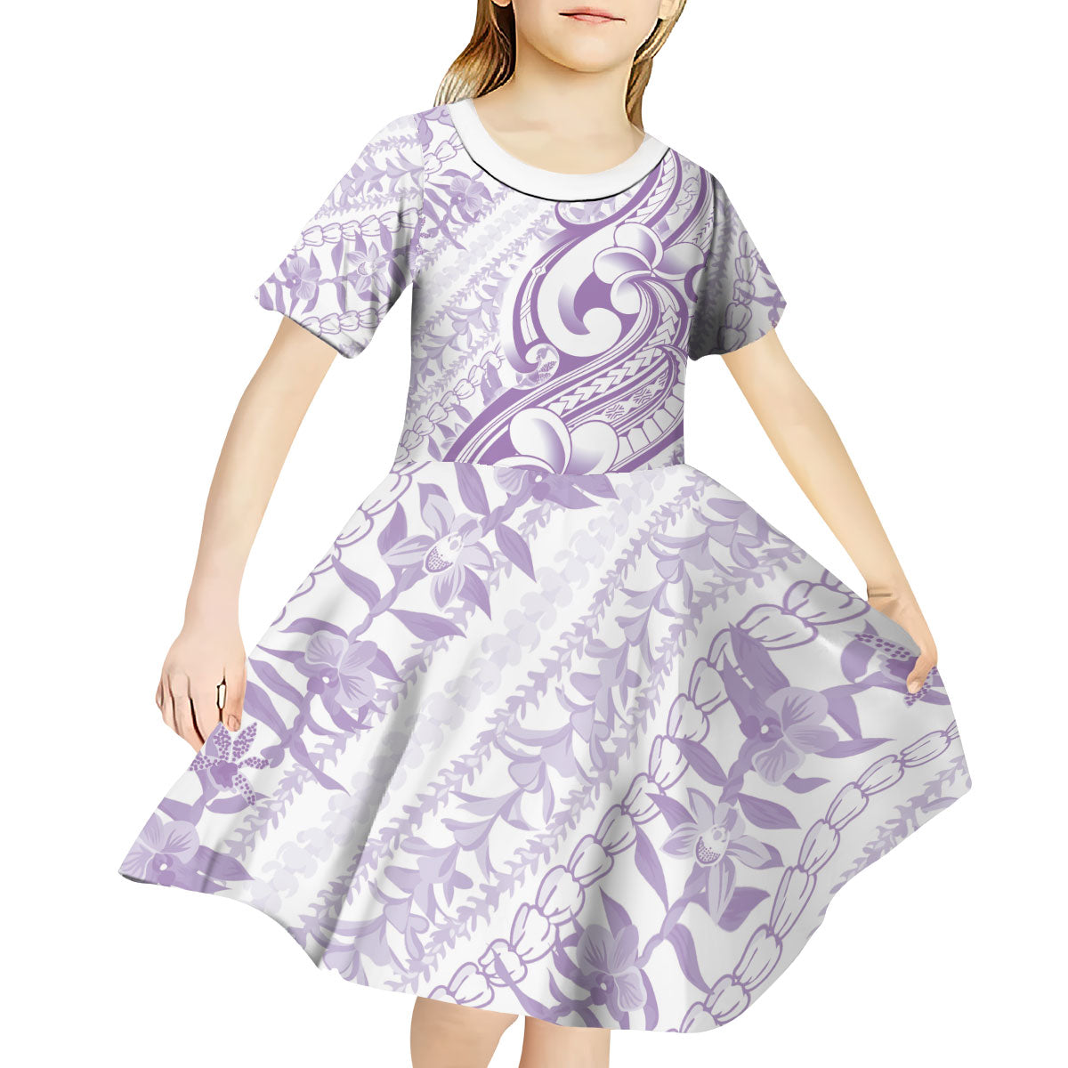 Hawaii Plumeria Lokelani Pikake Lei Kid Short Sleeve Dress Poni Polynesian Tattoo LT9 - Polynesian Pride