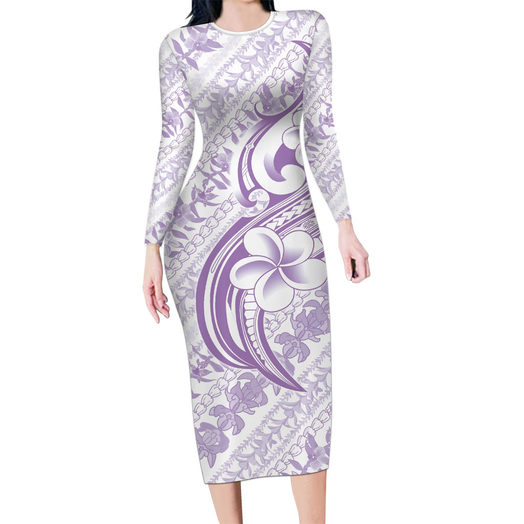Hawaii Plumeria Lokelani Pikake Lei Long Sleeve Bodycon Dress Poni Polynesian Tattoo LT9 Long Dress Purple - Polynesian Pride