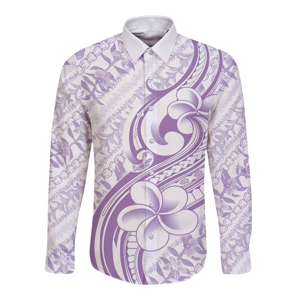 Hawaii Plumeria Lokelani Pikake Lei Long Sleeve Button Shirt Poni Polynesian Tattoo LT9 Unisex Purple - Polynesian Pride
