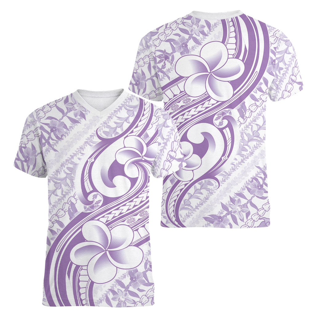 Hawaii Plumeria Lokelani Pikake Lei Women V-Neck T-Shirt Poni Polynesian Tattoo LT9 - Polynesian Pride