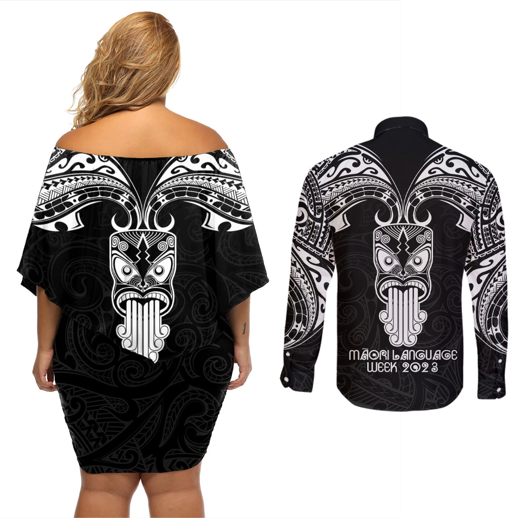 New Zealand Te Reo Maori Couples Matching Off Shoulder Short Dress and Long Sleeve Button Shirts Kia Kaha Maori Language Week Black Style LT9 - Polynesian Pride