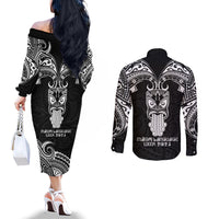 New Zealand Te Reo Maori Couples Matching Off The Shoulder Long Sleeve Dress and Long Sleeve Button Shirts Kia Kaha Maori Language Week Black Style LT9 - Polynesian Pride