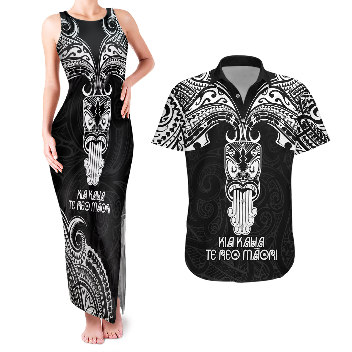 New Zealand Te Reo Maori Couples Matching Tank Maxi Dress and Hawaiian Shirt Kia Kaha Maori Language Week Black Style LT9 Black - Polynesian Pride