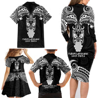 New Zealand Te Reo Maori Family Matching Long Sleeve Bodycon Dress and Hawaiian Shirt Kia Kaha Maori Language Week Black Style LT9 - Polynesian Pride