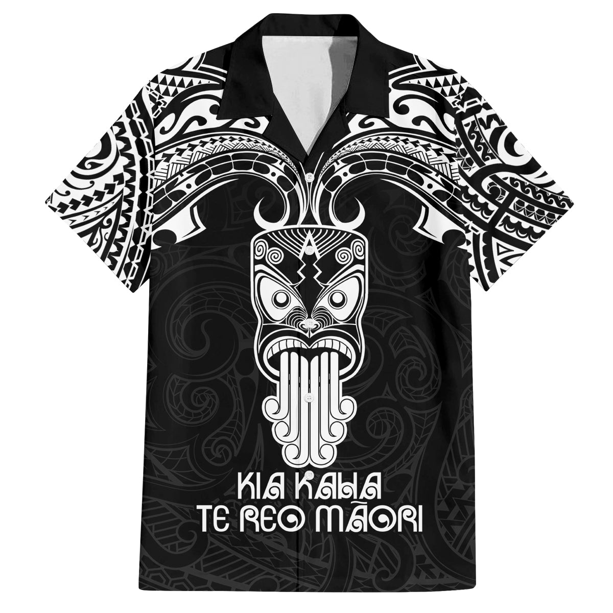 New Zealand Te Reo Maori Family Matching Off Shoulder Maxi Dress and Hawaiian Shirt Kia Kaha Maori Language Week Black Style LT9 Dad's Shirt - Short Sleeve Black - Polynesian Pride