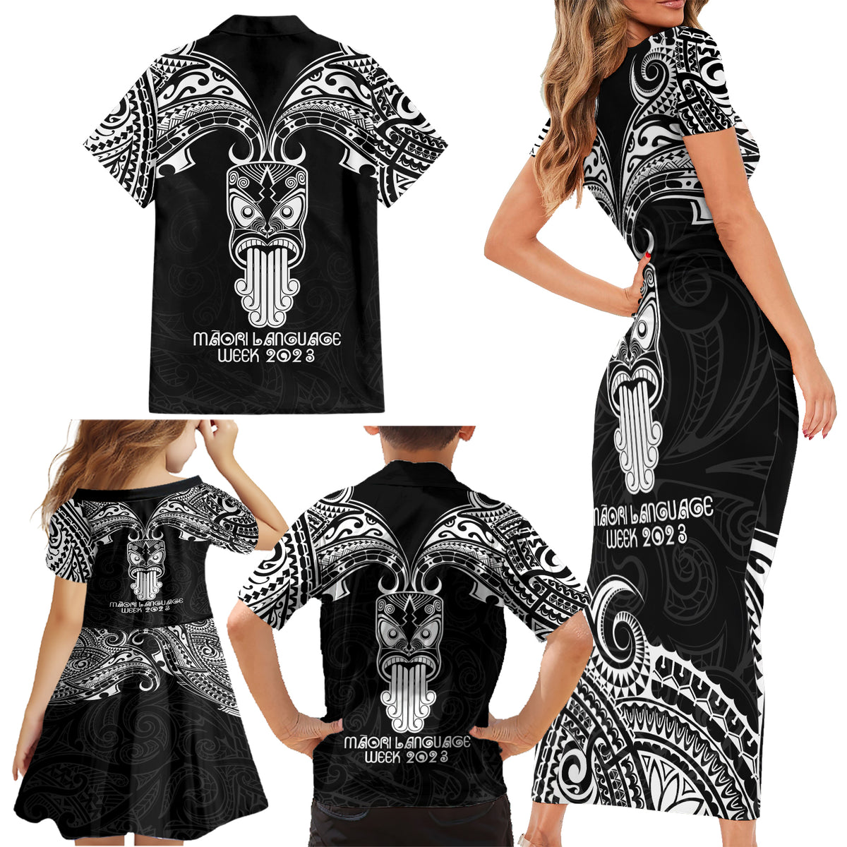 New Zealand Te Reo Maori Family Matching Short Sleeve Bodycon Dress and Hawaiian Shirt Kia Kaha Maori Language Week Black Style LT9 - Polynesian Pride