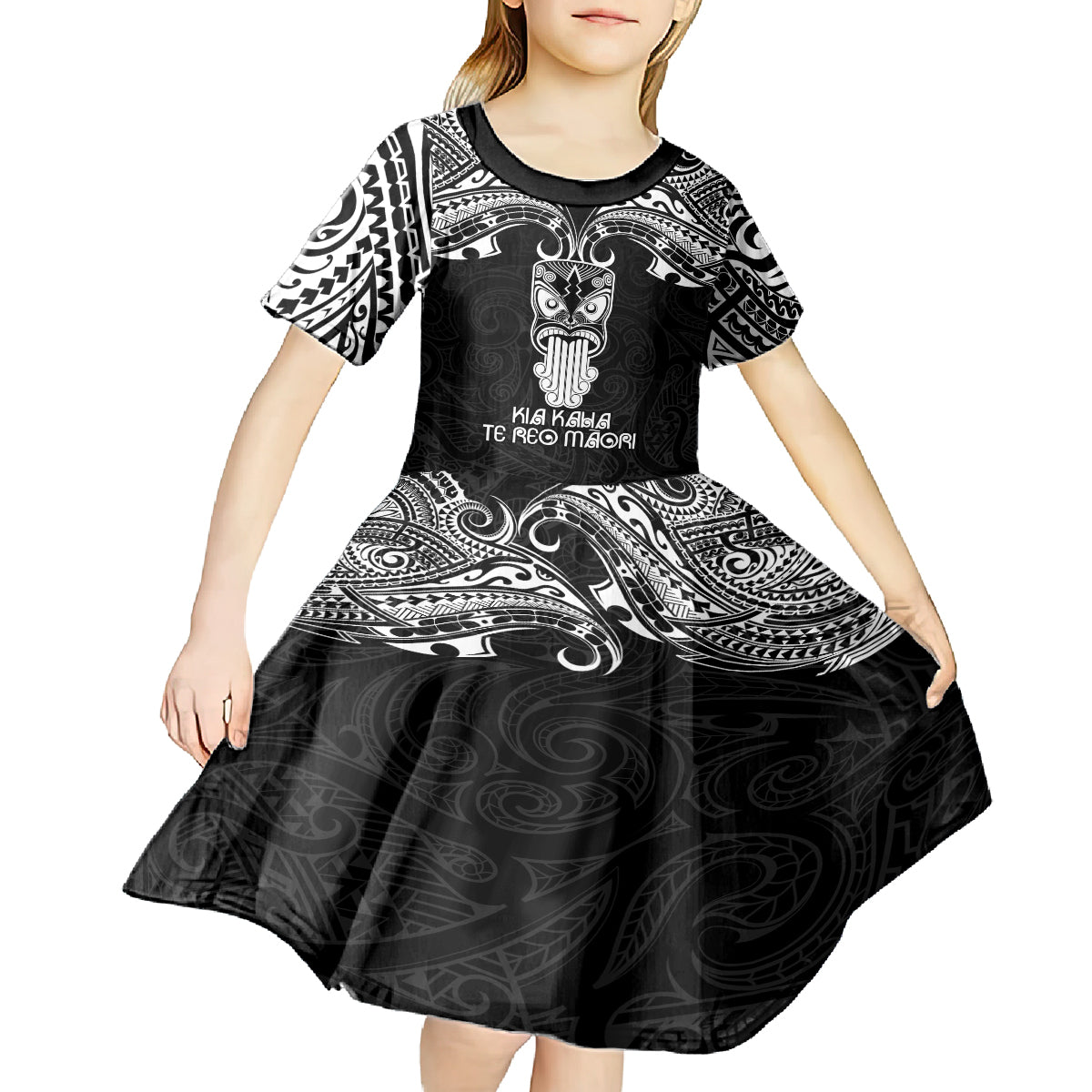 New Zealand Te Reo Maori Kid Short Sleeve Dress Kia Kaha Maori Language Week Black Style LT9 - Polynesian Pride