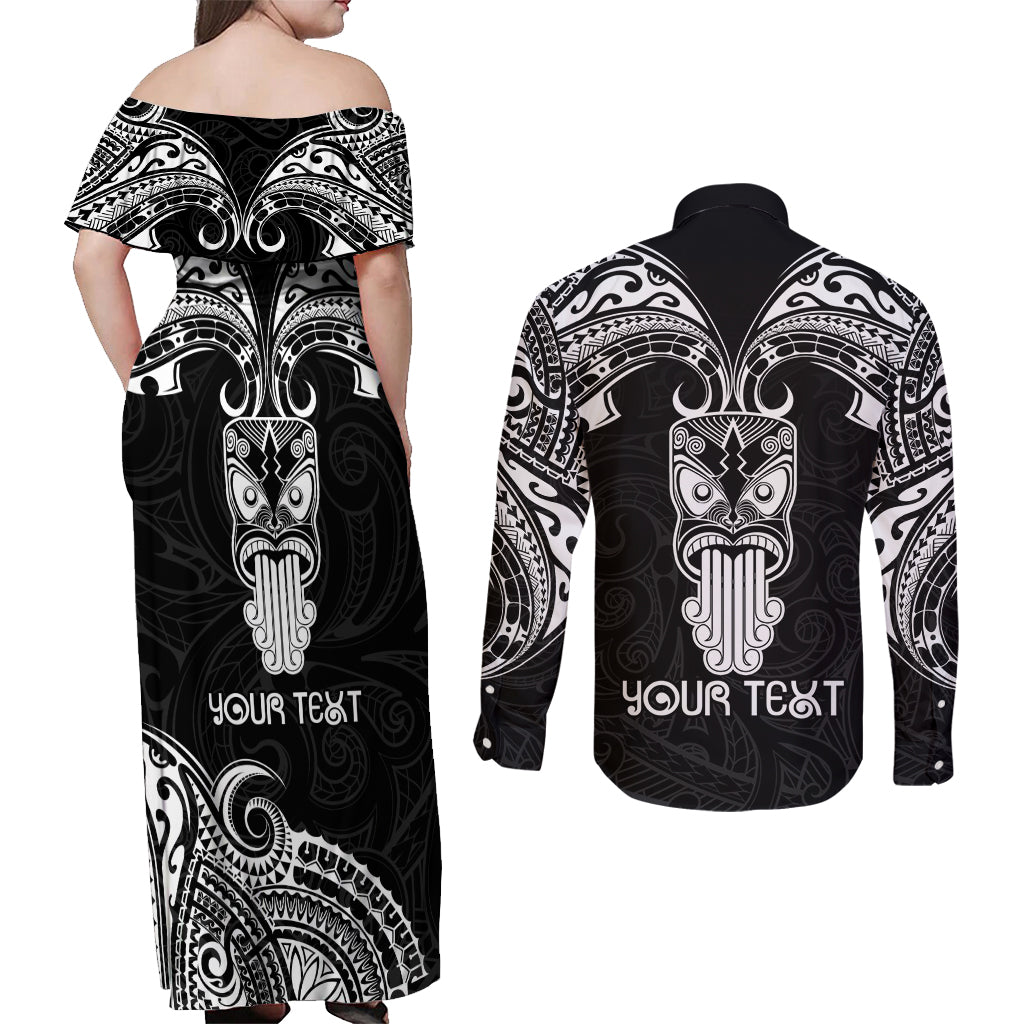 Personalised New Zealand Te Reo Maori Couples Matching Off Shoulder Maxi Dress and Long Sleeve Button Shirts Kia Kaha Maori Language Week Black Style LT9 - Polynesian Pride