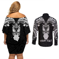 Personalised New Zealand Te Reo Maori Couples Matching Off Shoulder Short Dress and Long Sleeve Button Shirts Kia Kaha Maori Language Week Black Style LT9 - Polynesian Pride