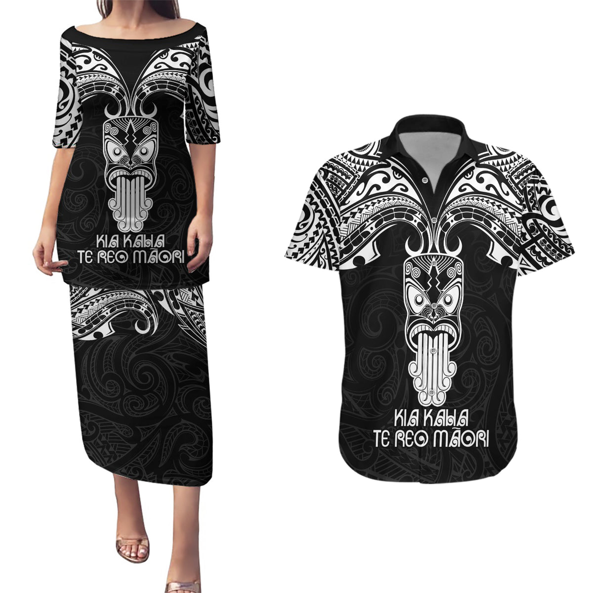 Personalised New Zealand Te Reo Maori Couples Matching Puletasi Dress and Hawaiian Shirt Kia Kaha Maori Language Week Black Style LT9 Black - Polynesian Pride