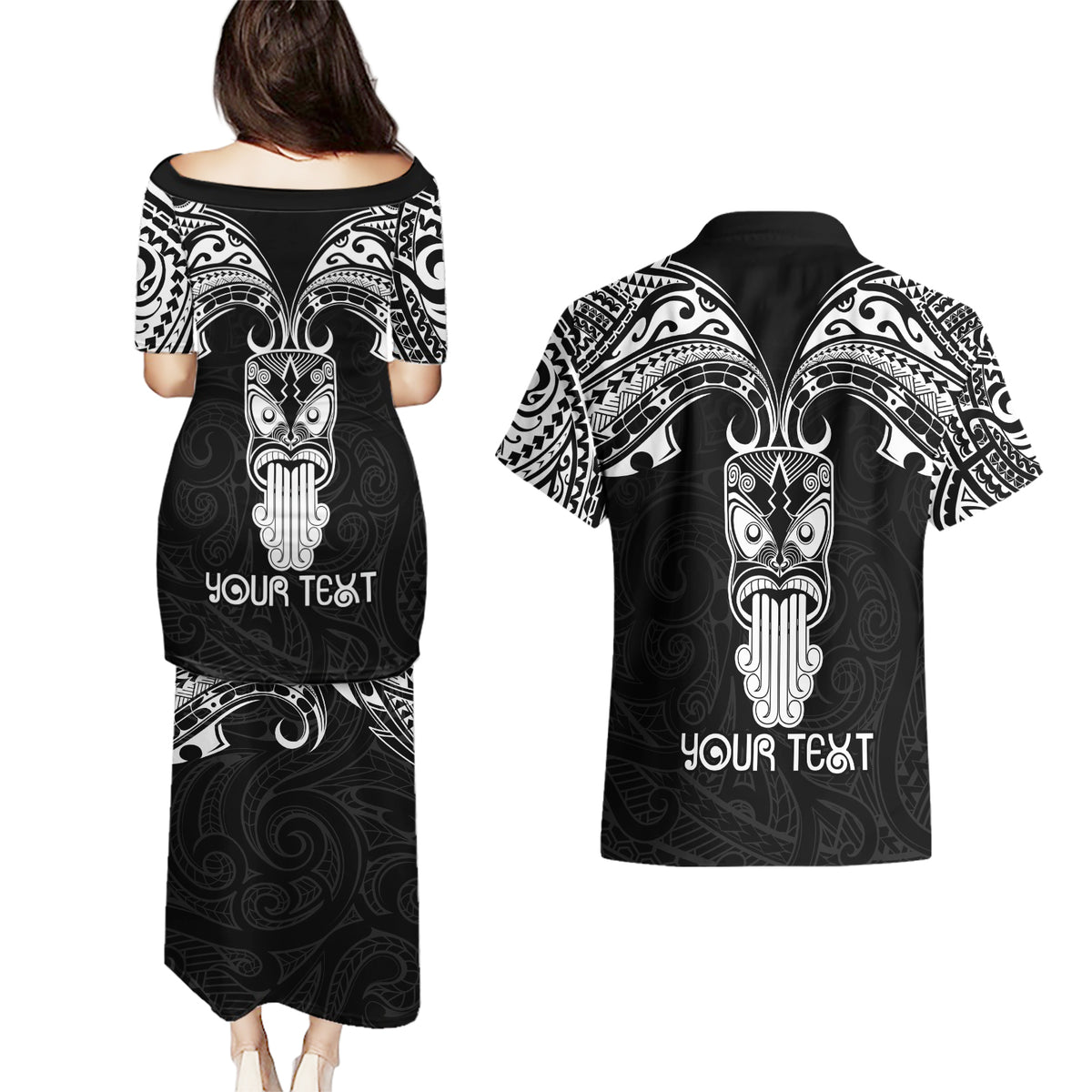 Personalised New Zealand Te Reo Maori Couples Matching Puletasi Dress and Hawaiian Shirt Kia Kaha Maori Language Week Black Style LT9 - Polynesian Pride