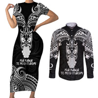 Personalised New Zealand Te Reo Maori Couples Matching Short Sleeve Bodycon Dress and Long Sleeve Button Shirts Kia Kaha Maori Language Week Black Style LT9 Black - Polynesian Pride
