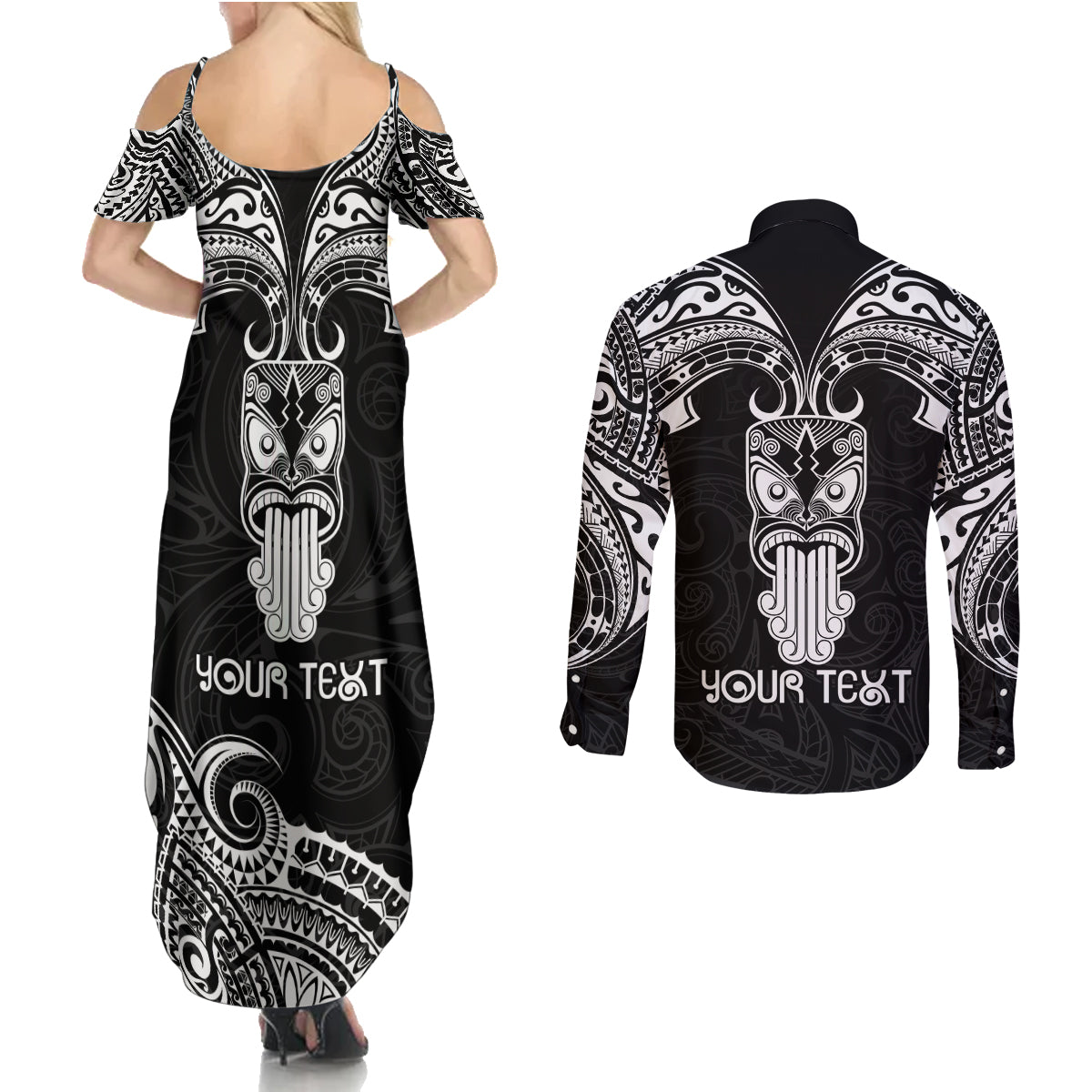 Personalised New Zealand Te Reo Maori Couples Matching Summer Maxi Dress and Long Sleeve Button Shirts Kia Kaha Maori Language Week Black Style LT9 - Polynesian Pride