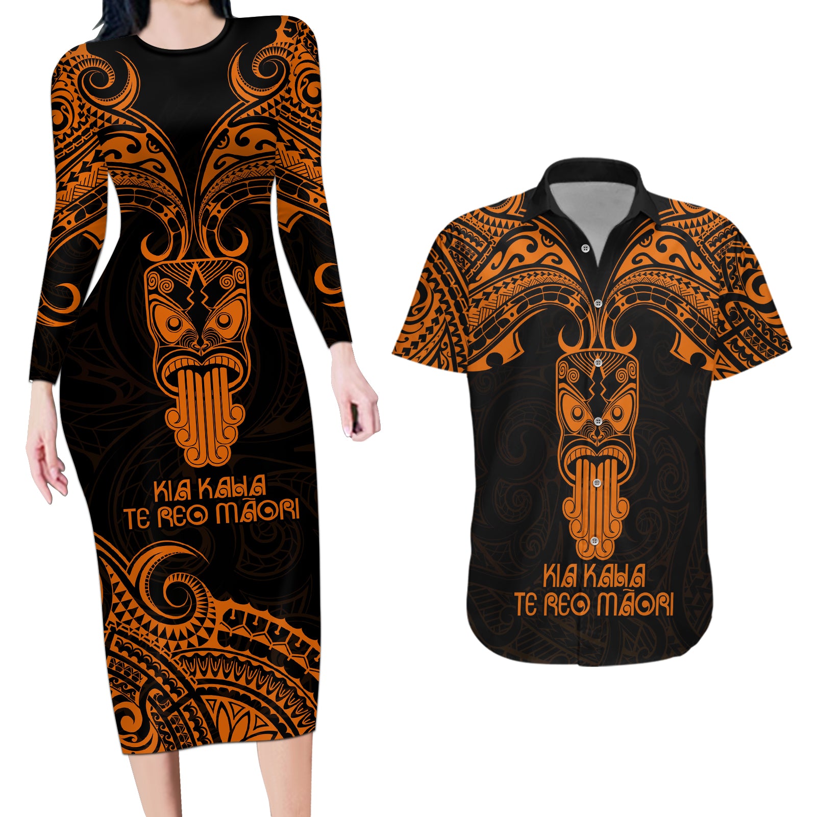 Personalised New Zealand Te Reo Maori Couples Matching Long Sleeve Bodycon Dress and Hawaiian Shirt Kia Kaha Maori Language Week Gold Style LT9 Gold - Polynesian Pride