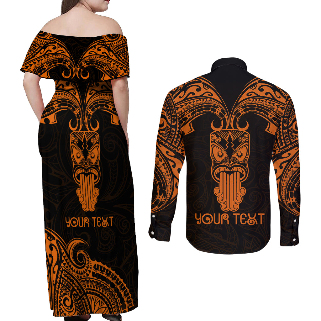 Personalised New Zealand Te Reo Maori Couples Matching Off Shoulder Maxi Dress and Long Sleeve Button Shirts Kia Kaha Maori Language Week Gold Style LT9 - Polynesian Pride