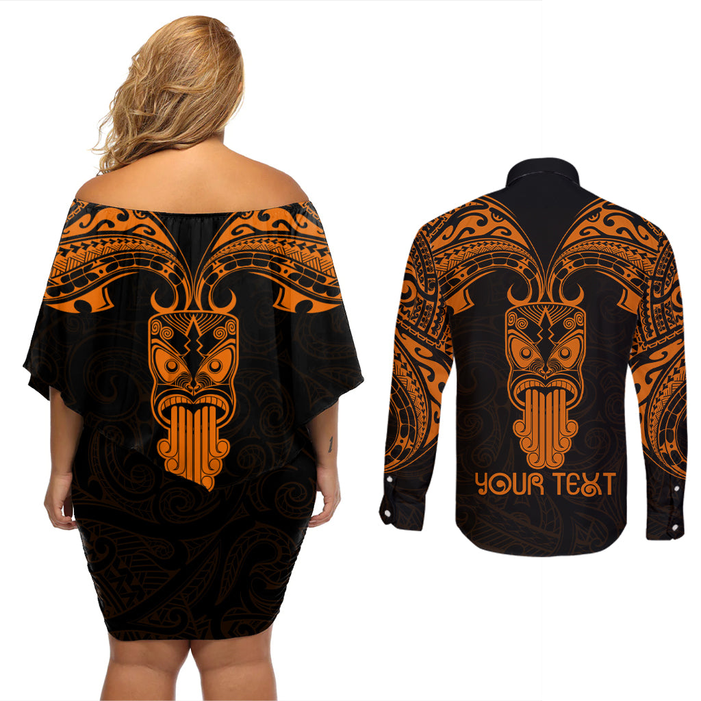 Personalised New Zealand Te Reo Maori Couples Matching Off Shoulder Short Dress and Long Sleeve Button Shirts Kia Kaha Maori Language Week Gold Style LT9 - Polynesian Pride