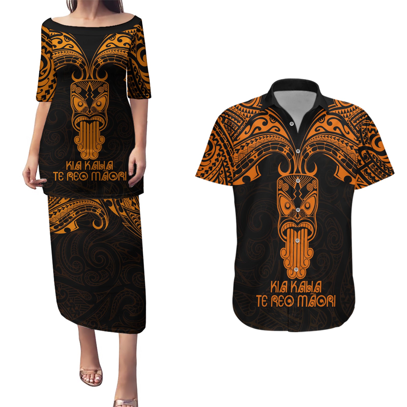 Personalised New Zealand Te Reo Maori Couples Matching Puletasi Dress and Hawaiian Shirt Kia Kaha Maori Language Week Gold Style LT9 Gold - Polynesian Pride