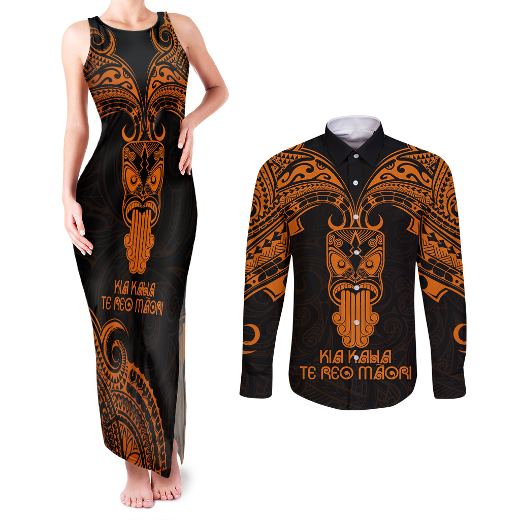 Personalised New Zealand Te Reo Maori Couples Matching Tank Maxi Dress and Long Sleeve Button Shirts Kia Kaha Maori Language Week Gold Style LT9 Gold - Polynesian Pride