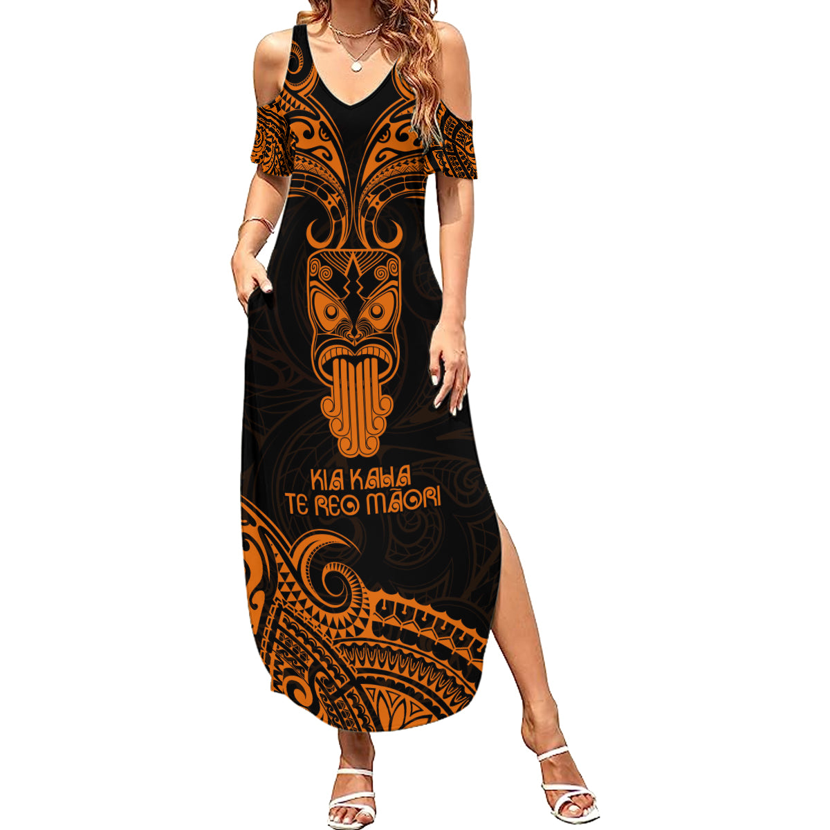 Personalised New Zealand Te Reo Maori Family Matching Summer Maxi Dress and Hawaiian Shirt Kia Kaha Maori Language Week Gold Style LT9 Mom's Dress Gold - Polynesian Pride
