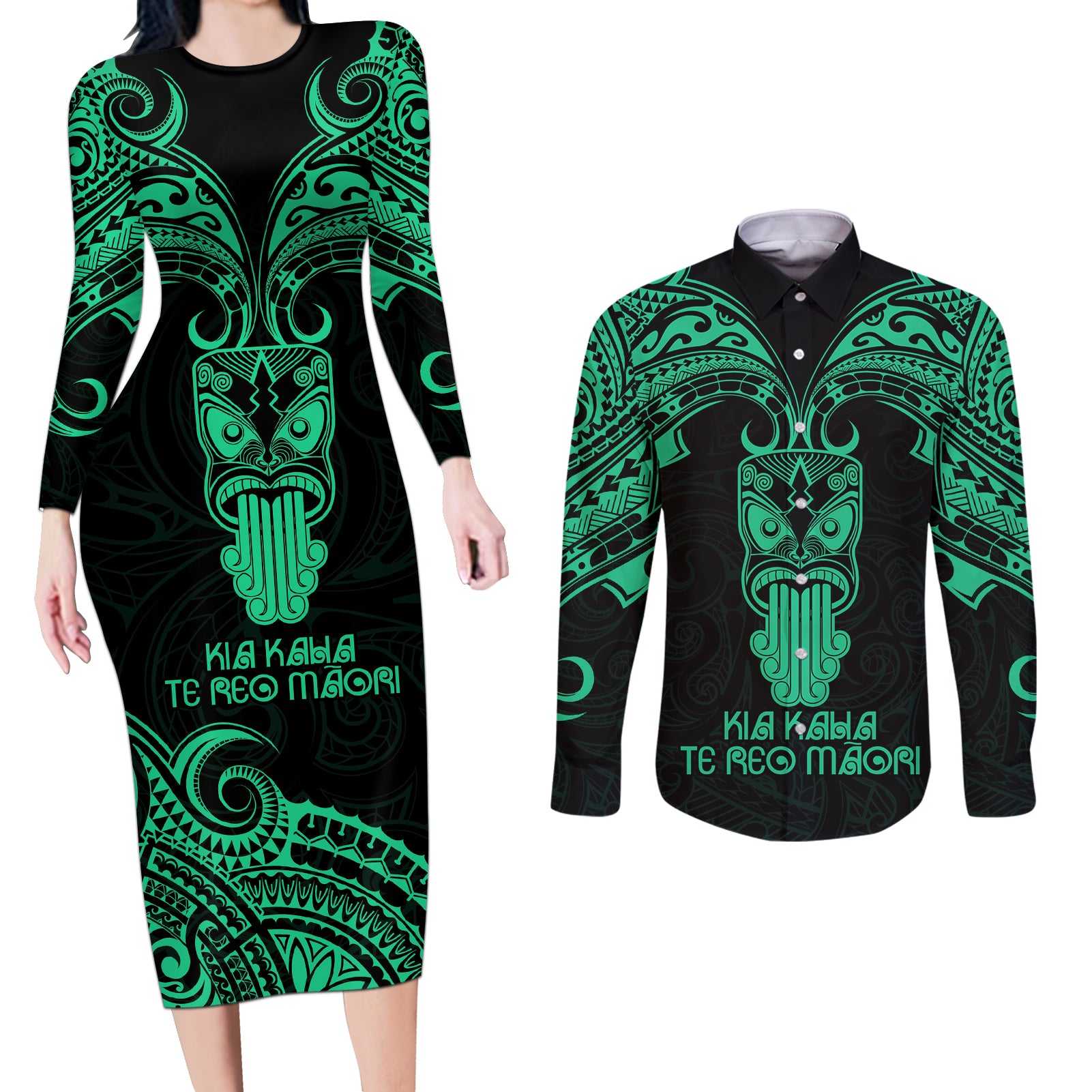 Personalised New Zealand Te Reo Maori Couples Matching Long Sleeve Bodycon Dress and Long Sleeve Button Shirts Kia Kaha Maori Language Week Green Style LT9 Green - Polynesian Pride