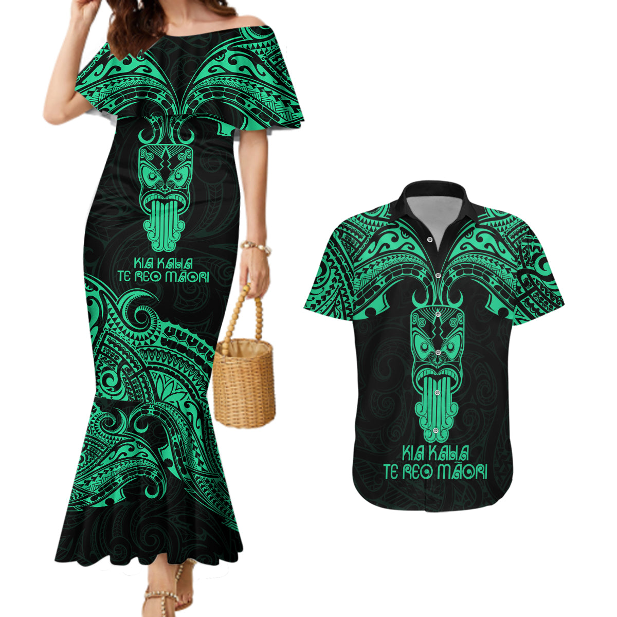 Personalised New Zealand Te Reo Maori Couples Matching Mermaid Dress and Hawaiian Shirt Kia Kaha Maori Language Week Green Style LT9 Green - Polynesian Pride