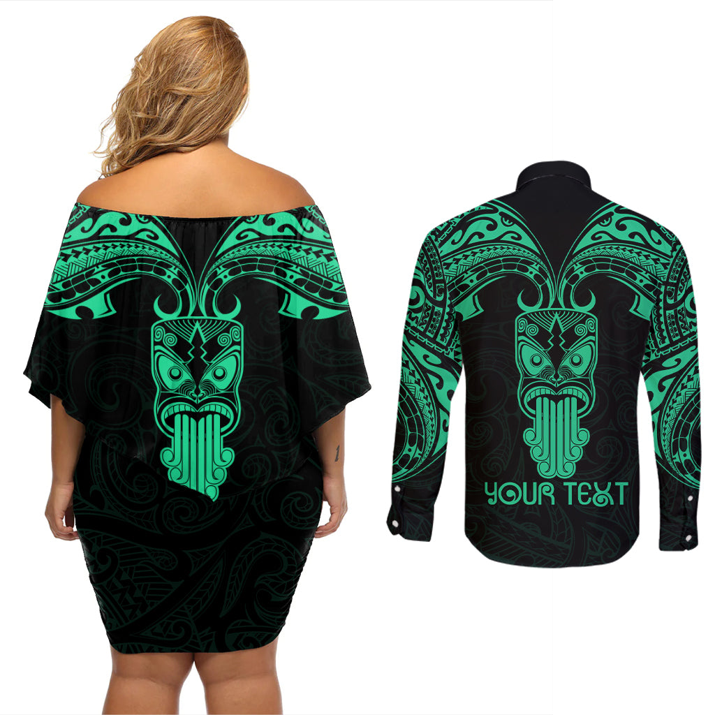 Personalised New Zealand Te Reo Maori Couples Matching Off Shoulder Short Dress and Long Sleeve Button Shirts Kia Kaha Maori Language Week Green Style LT9 - Polynesian Pride
