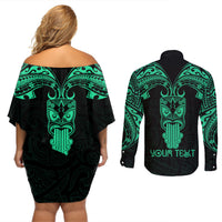 Personalised New Zealand Te Reo Maori Couples Matching Off Shoulder Short Dress and Long Sleeve Button Shirts Kia Kaha Maori Language Week Green Style LT9 - Polynesian Pride