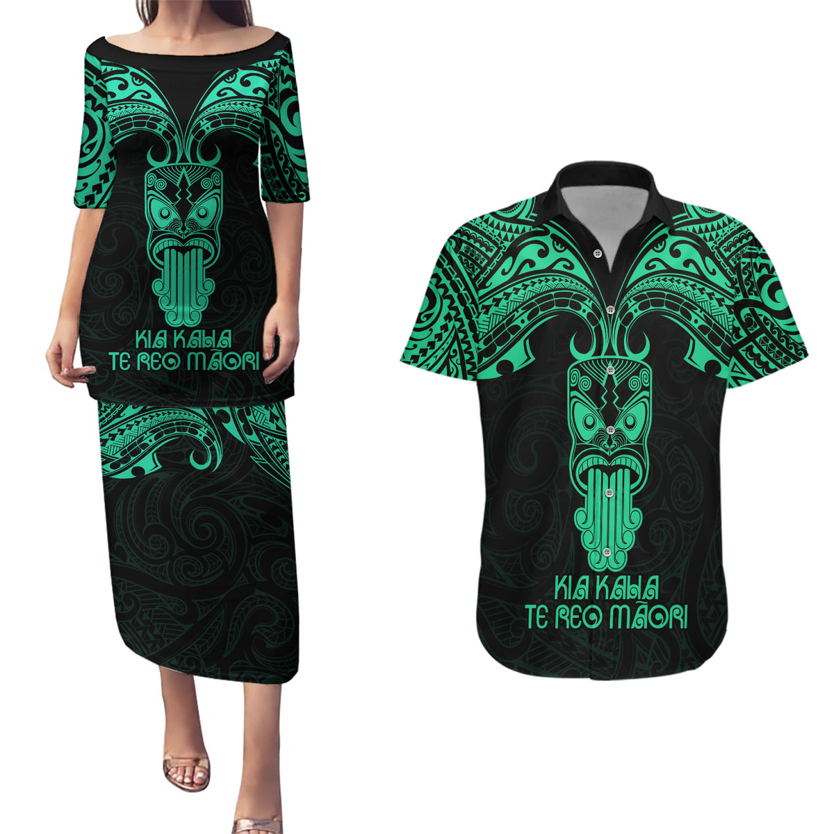 Personalised New Zealand Te Reo Maori Couples Matching Puletasi Dress and Hawaiian Shirt Kia Kaha Maori Language Week Green Style LT9 Green - Polynesian Pride