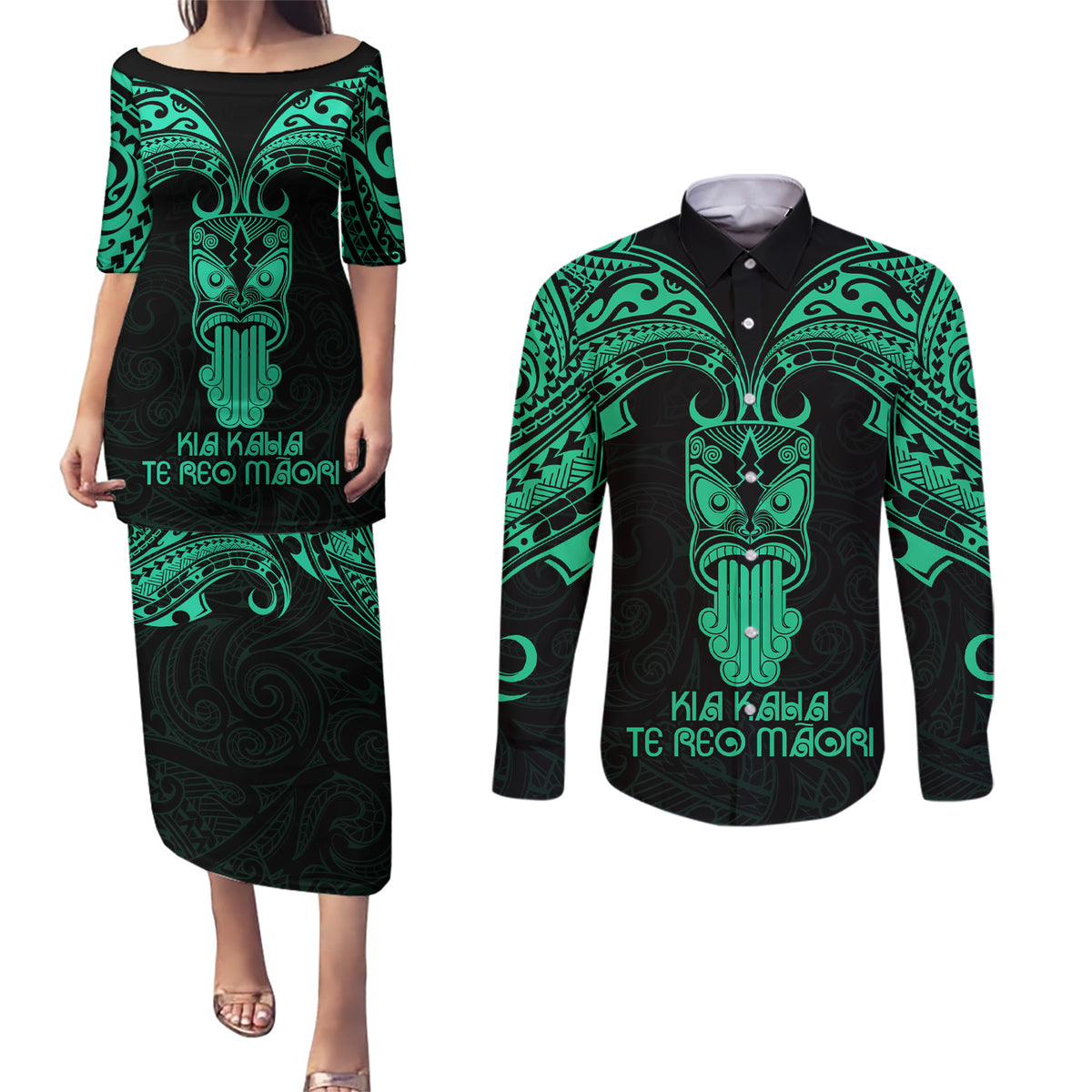 Personalised New Zealand Te Reo Maori Couples Matching Puletasi Dress and Long Sleeve Button Shirts Kia Kaha Maori Language Week Green Style LT9 Green - Polynesian Pride