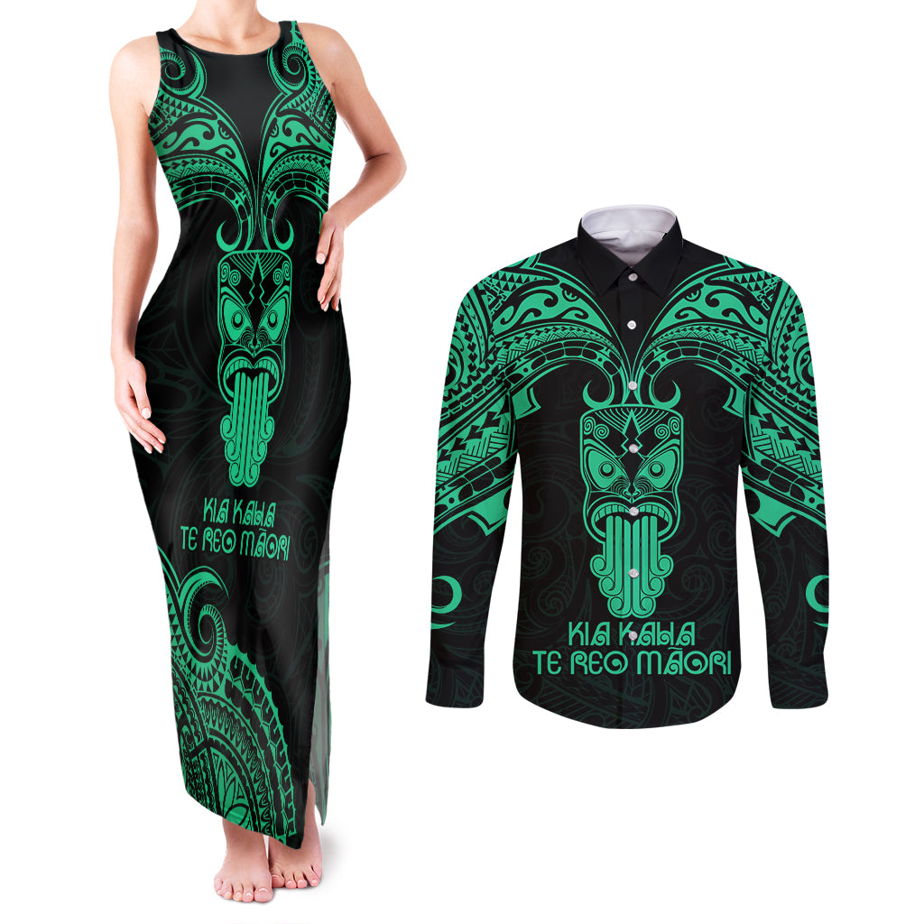 Personalised New Zealand Te Reo Maori Couples Matching Tank Maxi Dress and Long Sleeve Button Shirts Kia Kaha Maori Language Week Green Style LT9 Green - Polynesian Pride