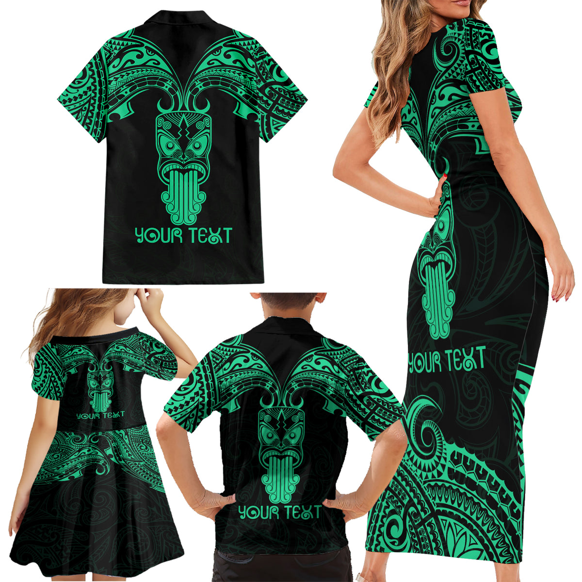 Personalised New Zealand Te Reo Maori Family Matching Short Sleeve Bodycon Dress and Hawaiian Shirt Kia Kaha Maori Language Week Green Style LT9 - Polynesian Pride