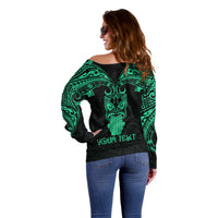 Personalised New Zealand Te Reo Maori Off Shoulder Sweater Kia Kaha Maori Language Week Green Style LT9 - Polynesian Pride