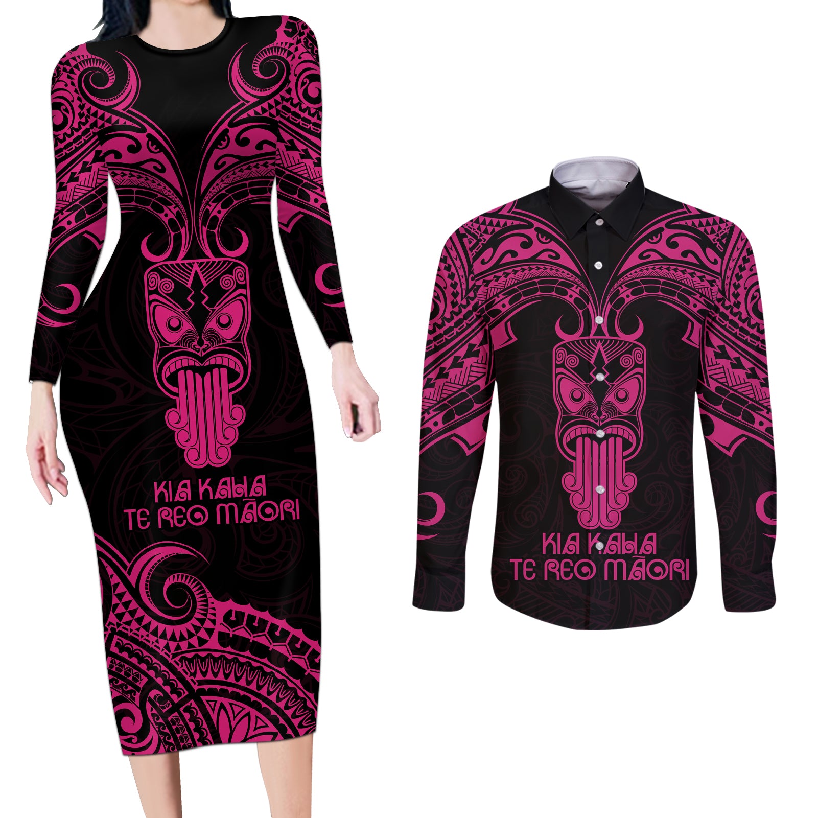 Personalised New Zealand Te Reo Maori Couples Matching Long Sleeve Bodycon Dress and Long Sleeve Button Shirts Kia Kaha Maori Language Week Pink Style LT9 Pink - Polynesian Pride