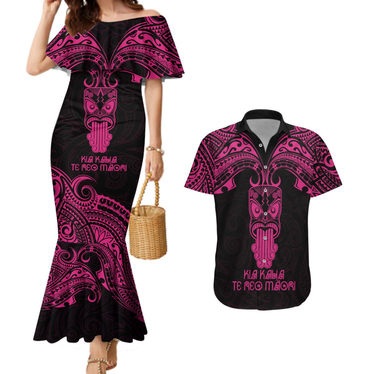 Personalised New Zealand Te Reo Maori Couples Matching Mermaid Dress and Hawaiian Shirt Kia Kaha Maori Language Week Pink Style LT9 Pink - Polynesian Pride