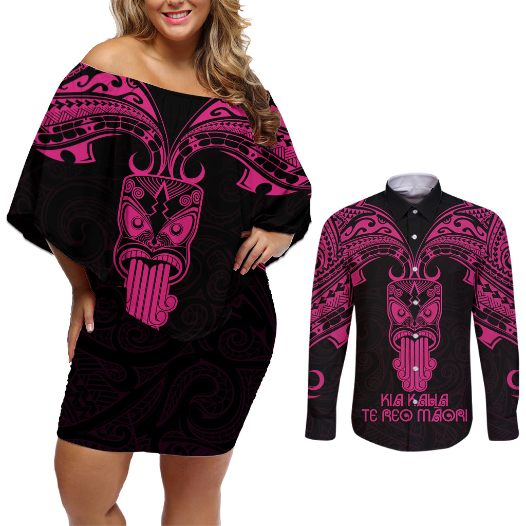 Personalised New Zealand Te Reo Maori Couples Matching Off Shoulder Short Dress and Long Sleeve Button Shirts Kia Kaha Maori Language Week Pink Style LT9 Pink - Polynesian Pride