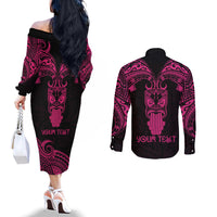 Personalised New Zealand Te Reo Maori Couples Matching Off The Shoulder Long Sleeve Dress and Long Sleeve Button Shirts Kia Kaha Maori Language Week Pink Style LT9 - Polynesian Pride