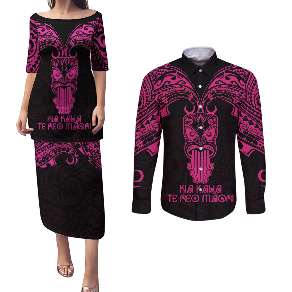 Personalised New Zealand Te Reo Maori Couples Matching Puletasi Dress and Long Sleeve Button Shirts Kia Kaha Maori Language Week Pink Style LT9 Pink - Polynesian Pride